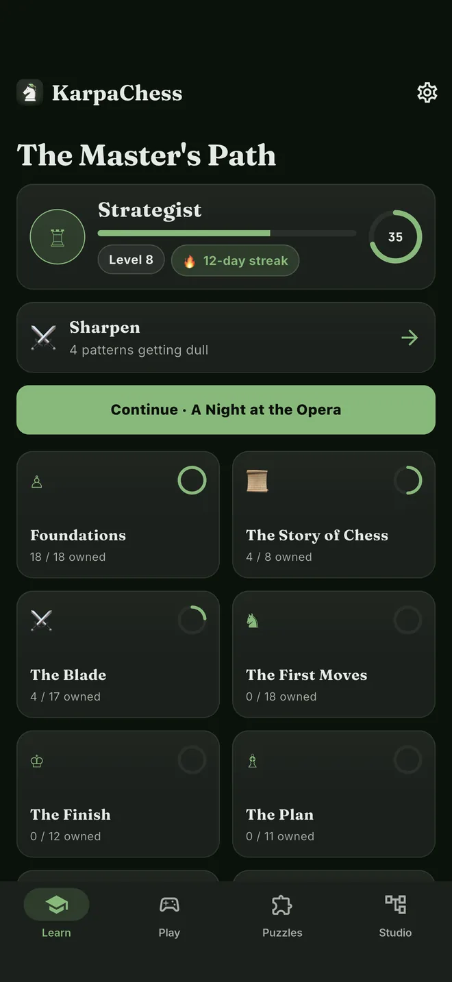 The Learn home: rank, streak and the eight arts