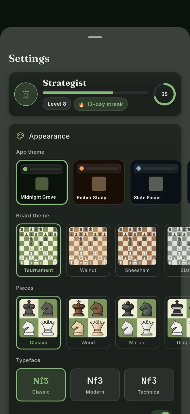 Settings: themes, boards, piece sets and typefaces